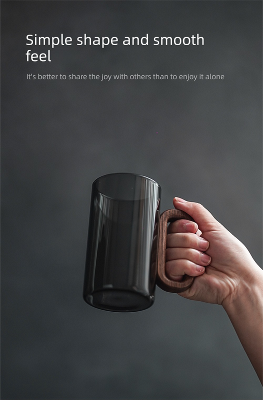 Smoky Grey Glass Tea Cup with Wooden Handle 360ml Heat-Resistant