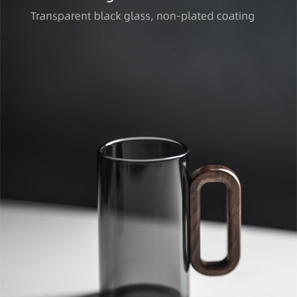 Smoky Grey Glass Tea Cup with Wooden Handle 360ml Heat-Resistant Hand-Blown Coffee Mug Modern Minimalist Drinkware
