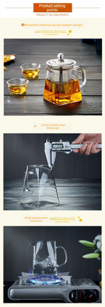 950ml Heat Resistant Glass Teapot with 304 Stainless Steel Infuser Thickened Square Base Loose Leaf Tea Maker for Home Entertaining
