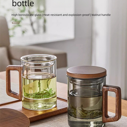 400ml Borosilicate Glass Tea Mug with Infuser and Walnut Wood Handle Clear Loose Leaf Teacup for Home Office