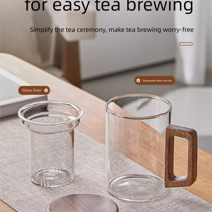 400ml Borosilicate Glass Tea Mug with Infuser and Walnut Wood Handle Clear Loose Leaf Teacup for Home Office