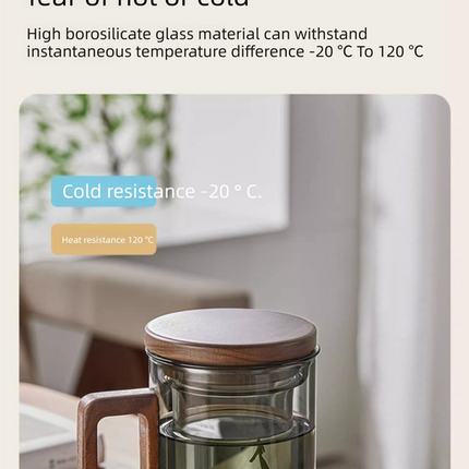 400ml Borosilicate Glass Tea Mug with Infuser and Walnut Wood Handle Clear Loose Leaf Teacup for Home Office