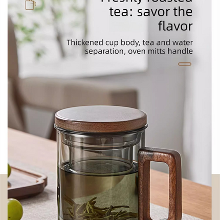 400ml Smoky Grey Borosilicate Glass Tea Mug with Infuser and Wooden Handle Loose Leaf Teacup for Office