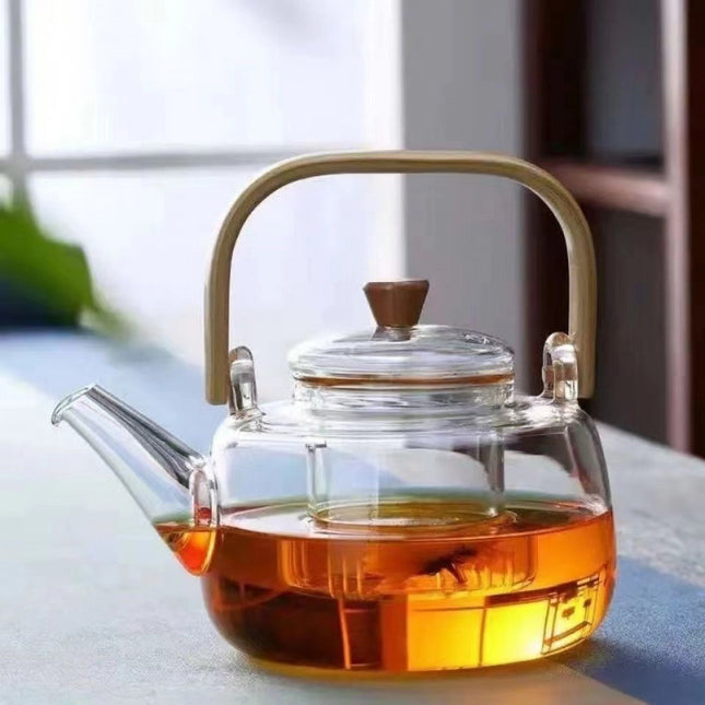 1000ml Heat Resistant Glass Teapot with Bamboo Handle and Glass