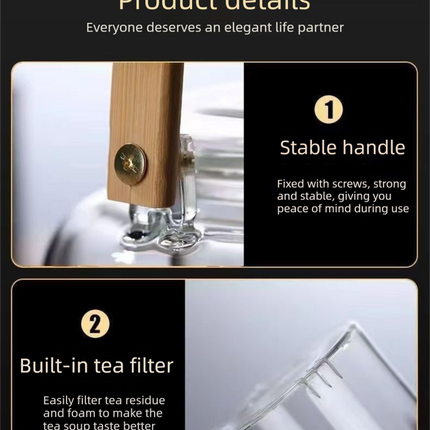1000ml Heat Resistant Glass Teapot with Bamboo Handle and Glass Infuser Loose Leaf Tea Maker for Home