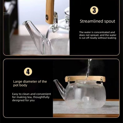 1000ml Heat Resistant Glass Teapot with Bamboo Handle and Glass Infuser Loose Leaf Tea Maker for Home
