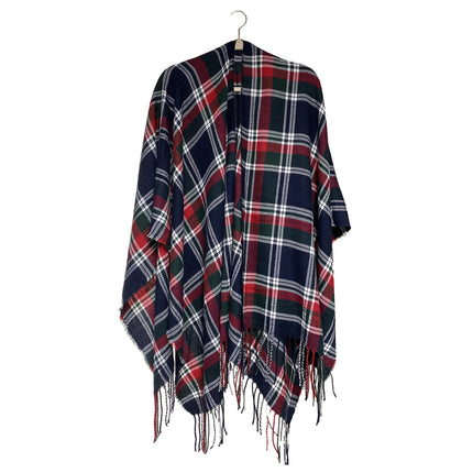 Women's Plaid Open-Front Poncho Cape – Soft Faux Cashmere Scarf Wrap with Tassel Detail (130 x 150cm)- Style P729