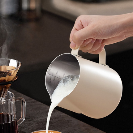 350ml Stainless Steel Milk Frothing Pitcher Pointed Spout Steaming Jug with Measurement Marks for Latte Art Home Baristas White