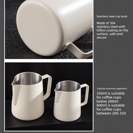 350ml Stainless Steel Milk Frothing Pitcher Pointed Spout Steaming Jug with Measurement Marks for Latte Art Home Baristas White