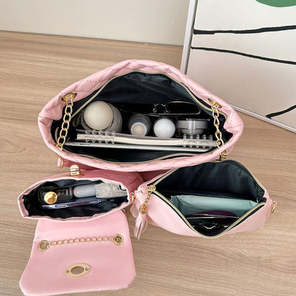 4-Piece PU Leather Rhombus Handbag Set - Large Capacity Shoulder Bag with Secure Zipper & Buckle Closure, Stylish Strap & Charms(Black)