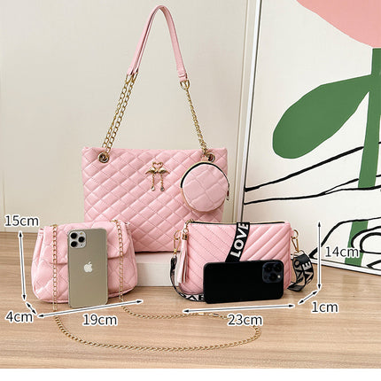 4-PCS Plaid Contrast-Color Handbag Set - Large Capacity PU Leather Shoulder Bag with Secure Zipper & Buckle Closure, Stylish Strap & Charms(Brown & Blue)