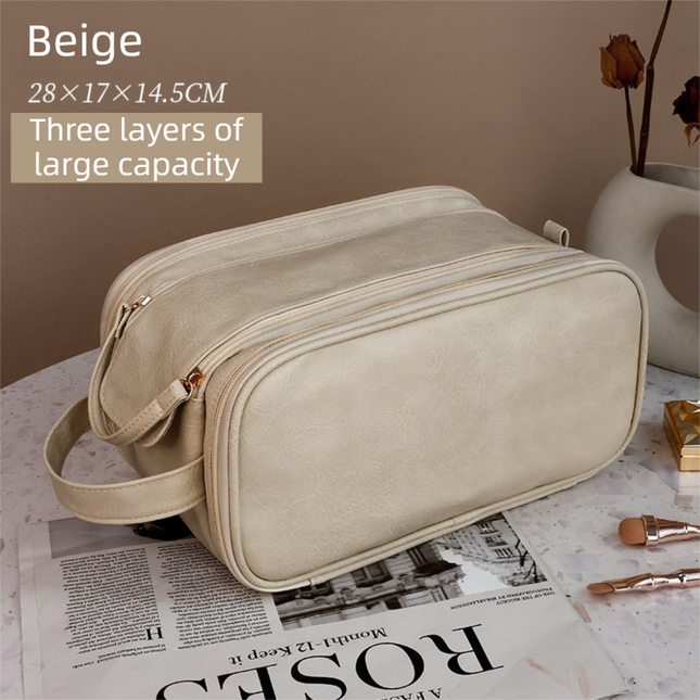Beige Premium TPU Leather Dual-Zipper Cosmetic Bag with 3 Dry & Wet Separation Zone