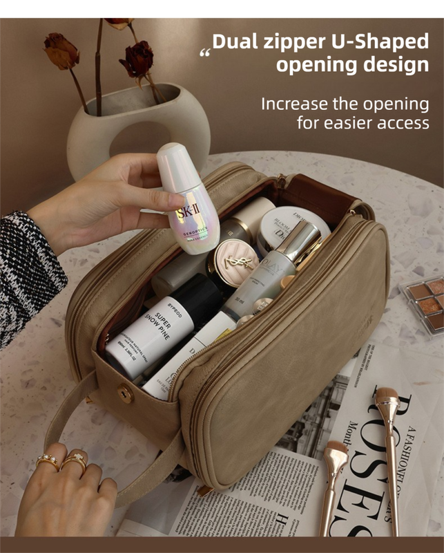 Beige Premium TPU Leather Dual-Zipper Cosmetic Bag with 3 Dry & Wet Separation Zone – product detail