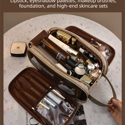 Beige Premium TPU Leather Dual-Zipper Cosmetic Bag with 3 Dry & Wet Separation Zone - Large Capacity Travel Toiletries Organizer