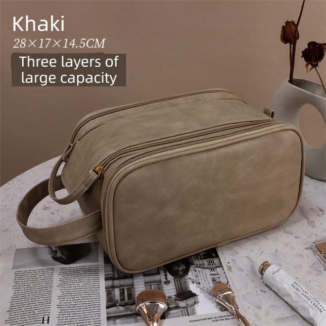 Khaki Premium TPU Leather Dual-Zipper Cosmetic Bag with 3 Dry & Wet Separation Zone