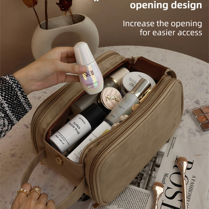 Khaki Premium TPU Leather Dual-Zipper Cosmetic Bag with 3 Dry & Wet Separation Zone - Large Capacity Travel Toiletries Organizer