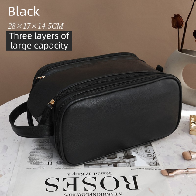 Black Premium TPU Leather Dual-Zipper Cosmetic Bag with 3 Dry & Wet Separation Zone