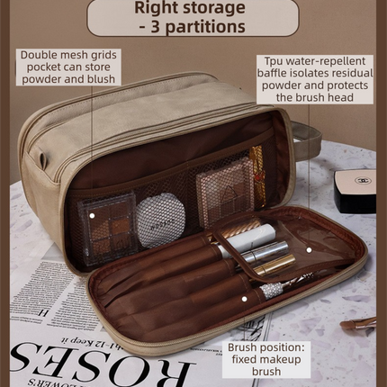 Black Premium TPU Leather Dual-Zipper Cosmetic Bag with 3 Dry & Wet Separation Zone - Large Capacity Travel Toiletries Organizer