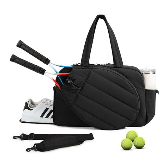 42L Black Tennis & Pickleball Expandable Tote Bag wIth Shoe-Zone & Bottle Side Pocket