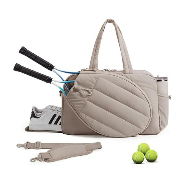 42L Khaki Tennis & Pickleball Expandable Tote Bag wIth Shoe-Zone & Bottle Side Pocket