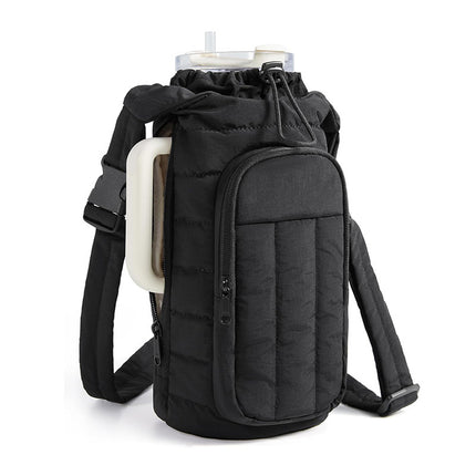 Black Nylon Quilted Insulated Water Bottle Bag for 18-64oz Flask - Lightweight Sports & Travel Puffer Shockproof Protective Pouch