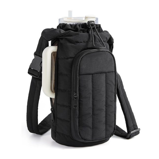 Black Nylon Quilted Insulated Water Bottle Bag for 18-64oz Flask