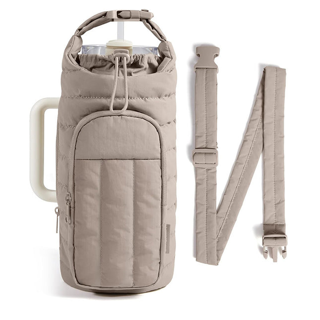 Khaki Nylon Quilted Insulated Water Bottle Bag for 18-64oz Flask