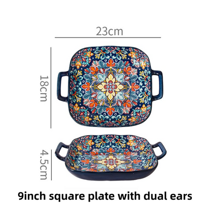 9-Inch Underglaze Ceramic Square Serving Plate with Dual Handles (Baroque) - Microwave and Oven Safe Pasta & Fruit Tray