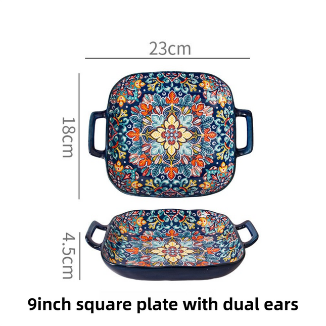 9-Inch Underglaze Ceramic Square Serving Plate with Dual Handles (Baroque)