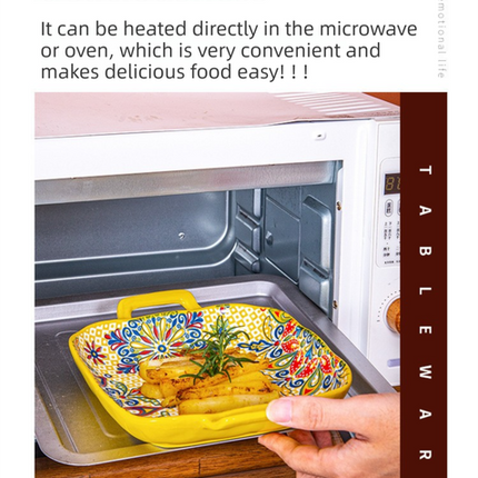 9-Inch Underglaze Ceramic Square Serving Plate with Dual Handles (Baroque) - Microwave and Oven Safe Pasta & Fruit Tray