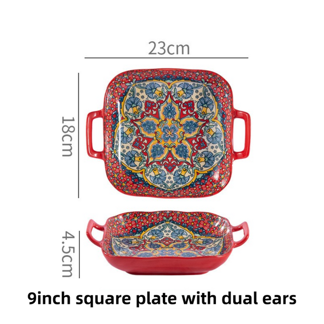 9-Inch Underglaze Ceramic Square Serving Plate with Dual Handles (Isdir Style)