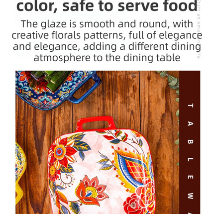 9-Inch Underglaze Ceramic Square Serving Plate with Dual Handles (Isdir Style) - Microwave and Oven Safe Pasta & Fruit Tray