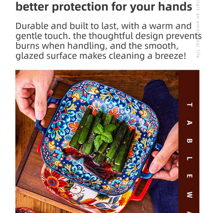 9-Inch Underglaze Ceramic Square Serving Plate with Dual Handles (Isdir Style) - Microwave and Oven Safe Pasta & Fruit Tray