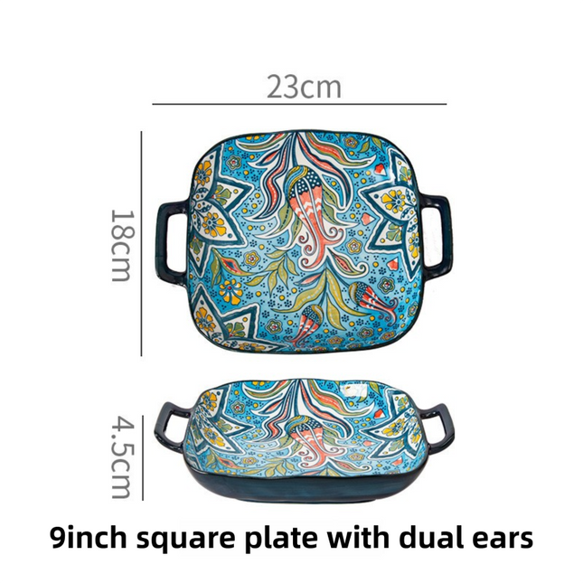 9-Inch Underglaze Ceramic Square Serving Plate with Dual Handles (Glandot Style)