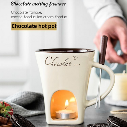 Red European Style Ceramic Chocolate & Cheese Melter Set - 200ml Mini Melting Mug & Fork
