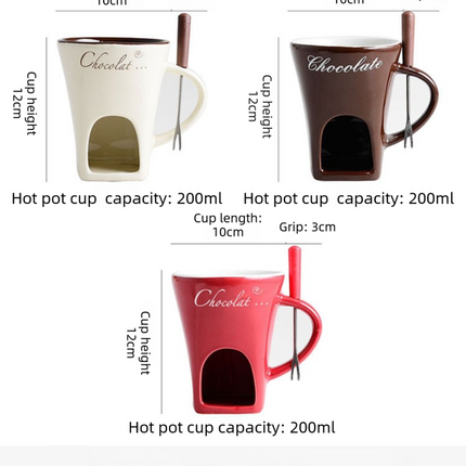 White European Style Ceramic Chocolate & Cheese Melter Set - 200ml Mini Melting Mug & Fork