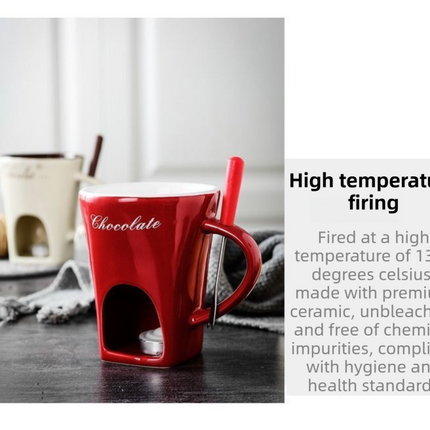 Coffee European Style Ceramic Chocolate & Cheese Melter Set - 200ml Mini Melting Mug & Fork