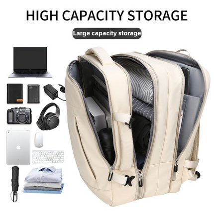 Beige Expandable Travel Laptop Backpack with USB Charging Port - Waterproof Nylon Business Bag with 11cm Depth Extension (45x32cm)