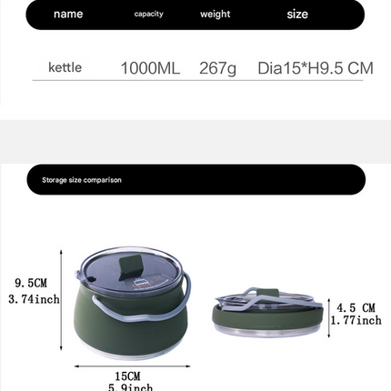 Black 1L Portable Collapsible Camping Kettle - Food-Grade Silicone Body with 304 Stainless Steel Base, Compatible with Induction & Gas Stoves