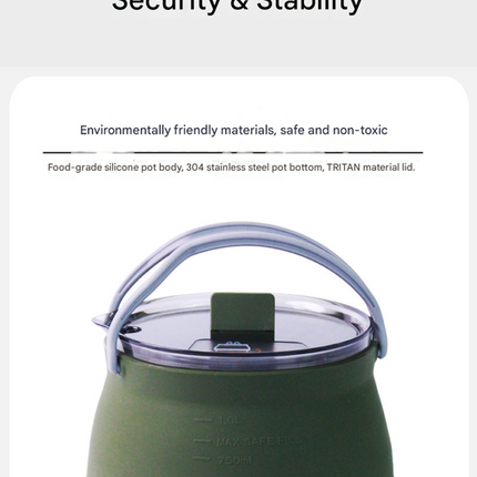 Black 1L Portable Collapsible Camping Kettle - Food-Grade Silicone Body with 304 Stainless Steel Base, Compatible with Induction & Gas Stoves