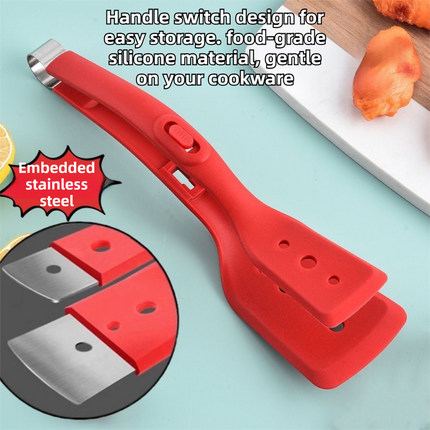2-in-1 White Silicone Spatula Tongs with Locking Clip & Oil Drainage - Non-Stick Heat Resistant Food Flipper & Kitchen Clamp