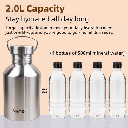 2L Large Capacity Outdoor Sports Adventure Water Bottle - Food-Grade 304 Stainless Steel with Portable Handle & 4.5cm Narrow Mouth, 3 Pack