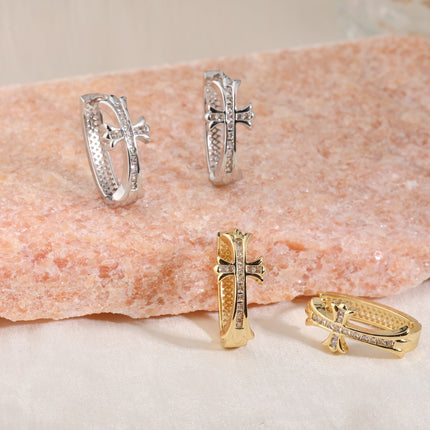 2-Pair Gold Sparkling Iced Out Rhinestone Cross Hoop Earrings - Punk Elegance Ear Buckle for Women