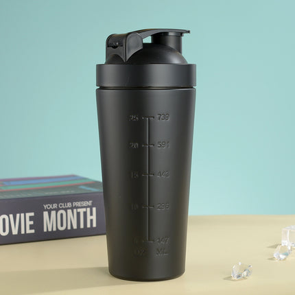 Black 750ML Premium Stainless Steel Protein Shaker Bottle - BPA-Free Metal Mixer Cup with Scale for Gym, Fitness & Meal Replacement