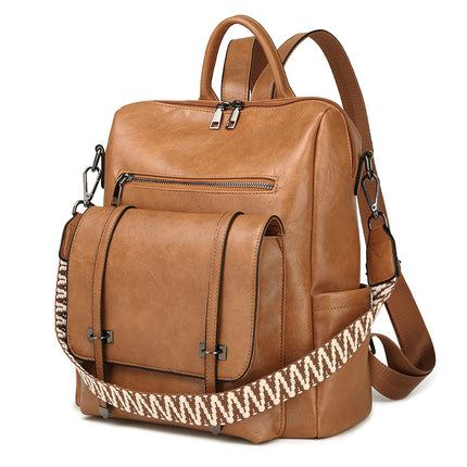 Black Retro Soft PU Leather Backpack for Women - Water-Resistant Large Capacity Travel Rucksack with Dual Detachable Straps