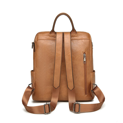 Brown Retro Soft PU Leather Backpack for Women - Water-Resistant Large Capacity Travel Rucksack with Dual Detachable Straps