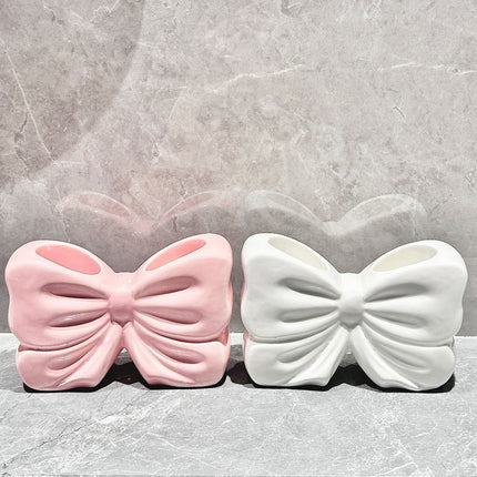 2-Pack Pink & White Chic Bowknot 2-Slot Toothbrush Holder - Resin Retro Cute Desktop Decorative Stand
