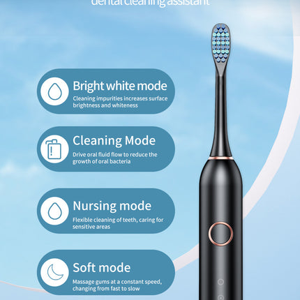 Black Smart Sonic Electric Toothbrush Kit with 8 Heads & Travel Case - 6 X Cleaning Modes and High-Frequency Vibration with Soft Protective Bristles