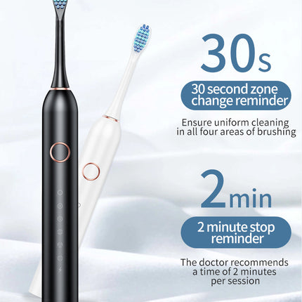 Black Smart Sonic Electric Toothbrush Kit with 8 Heads & Travel Case - 6 X Cleaning Modes and High-Frequency Vibration with Soft Protective Bristles