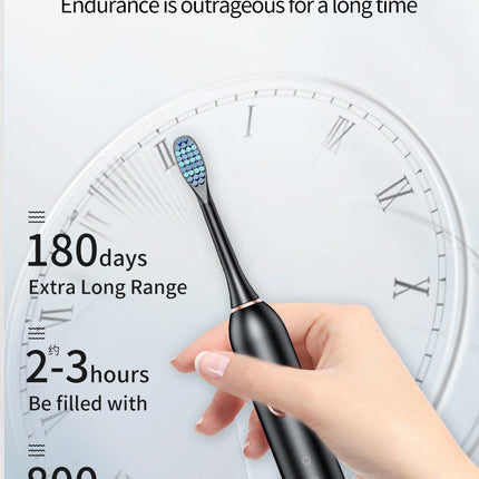 Black Smart Sonic Electric Toothbrush Kit with 8 Heads & Travel Case - 6 X Cleaning Modes and High-Frequency Vibration with Soft Protective Bristles
